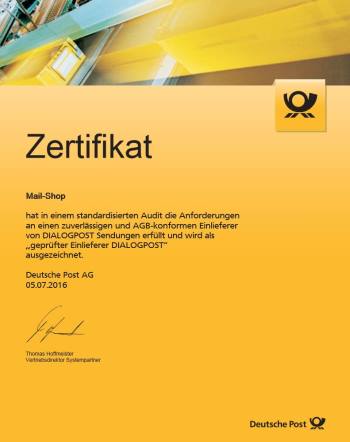 Zertifikat Deutsche Post "geprüfter Einlieferer"